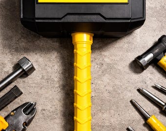 3D Printed Thor Hammer Inspired By Power Tool Brand Themed Industrial Style Collectible Garage Workshop Display with Stand