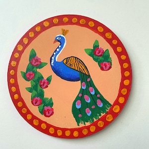 Truck Art Wooden Coasters with Cork Base Hand Painted - SET OF 4 -Peacock Flowers Design Pakistani Indian Truck Art Inspired-4 Inch Diameter