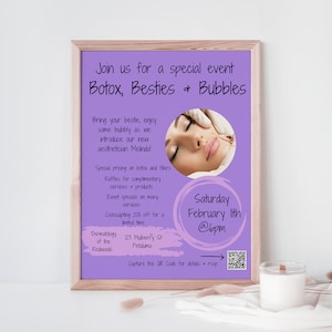 May include: A purple and white invitation for a Botox, Besties & Bubbles event. The invitation features a woman receiving a Botox injection, a QR code, and the text "Saturday February 11th @6pm".