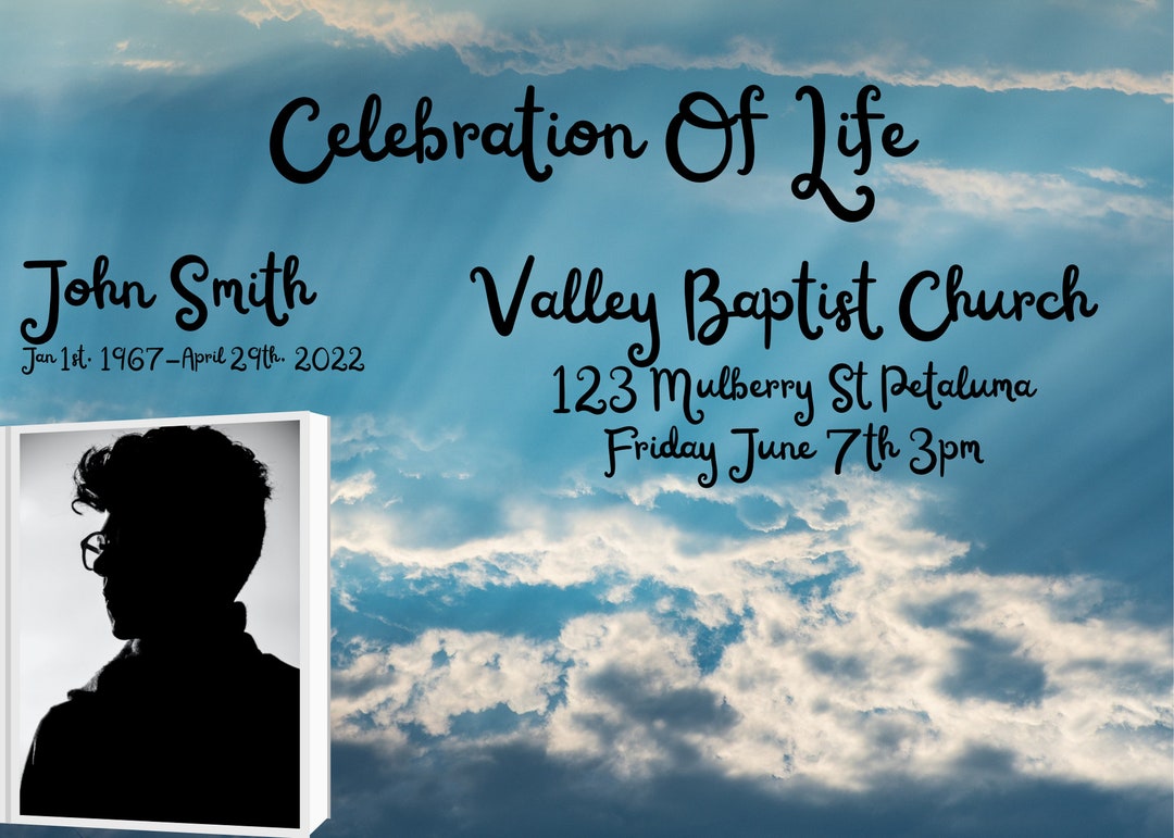 Celebration of Life Announcement, Funeral Announcement, Wake Announcement, Memorial Ceremony