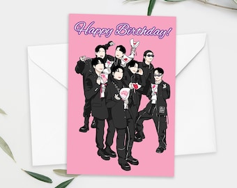 May include: A pink birthday card with the text "Happy Birthday!" in purple lettering. The card features a group of nine men in black outfits holding pink and white bouquets with hearts.