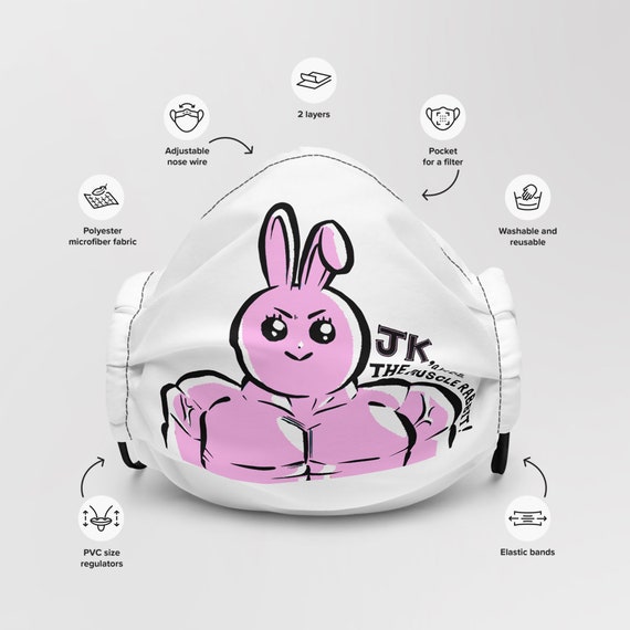 BTS Reusable Face Mask | Jungkook JK Muscle Rabbit | White Mask