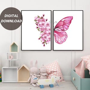 Butterfly Nursery Wall Art Butterfly Wall Decor Floral Nursery Art Nursery Art Prints Nursery Decor Set of 2 Prints Instant Download