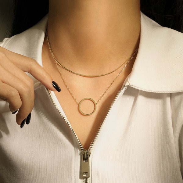 Double Row Herringbone Gold Necklace | Round Circle Roman 18K Gold Pendant Necklace | Mix Chain Snake Double Layer Gold Necklace