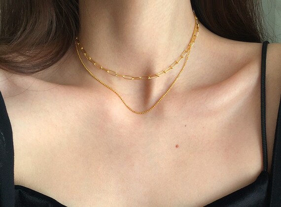 Paper Clip Beaded Double Layer Choker Clavicle Necklace Double