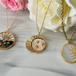 Round Celestial Pendant 18K Gold Necklace | Star Sun Moon Pendant Gold Necklace | Large Pendant Gold Necklace | Statement Gold Necklace