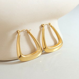 18K Gold Large Oblong Square Hoops Earrings | Large Trapezium Geometric Gold Earrings Water Proof Everyday Jewellery