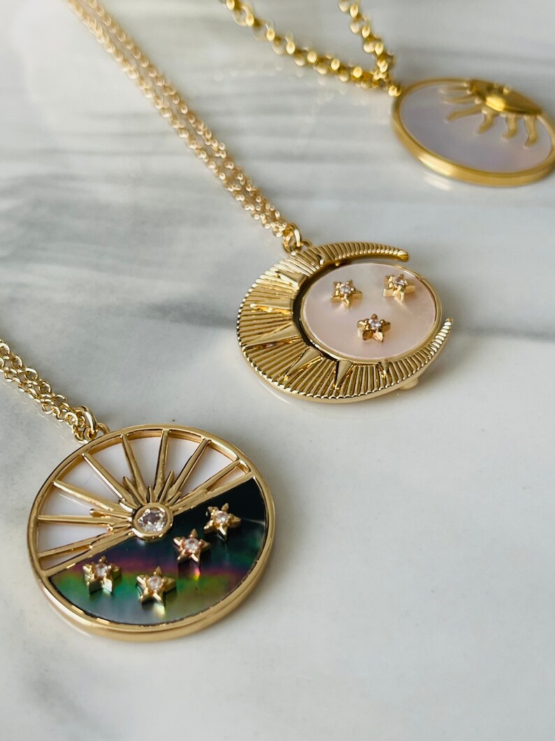 Round Celestial Pendant 18K Gold Necklace Star Sun Moon - Etsy