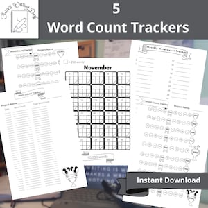 Bundle of 5 Word Count Trackers, Printable word count trackers, Visual Word count trackers, Nanowrimo