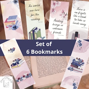 Può includere: Set di sei segnalibri rosa e blu con disegni floreali ad acquerello e citazioni sulla lettura. Le citazioni includono "Il mondo era suo per la lettura", "La lettura ci porta amici sconosciuti" e "Non c'è nave come un libro per portarci in terre lontane".