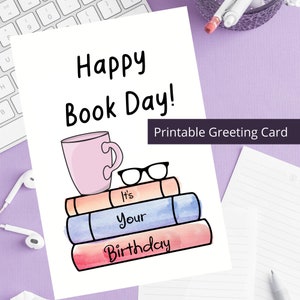Descarga instantánea de la tarjeta de cumpleaños de Book Stack, linda tarjeta imprimible, perfecta para amantes de los libros, amigos y familiares