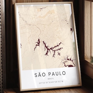 May include: A framed map print of São Paulo, Brazil, featuring a light beige background with dark maroon water features and road networks. The bottom white section displays the text SÃO PAULO, BRAZIL, and the coordinates 23°33'01"S 46°38'02"W.