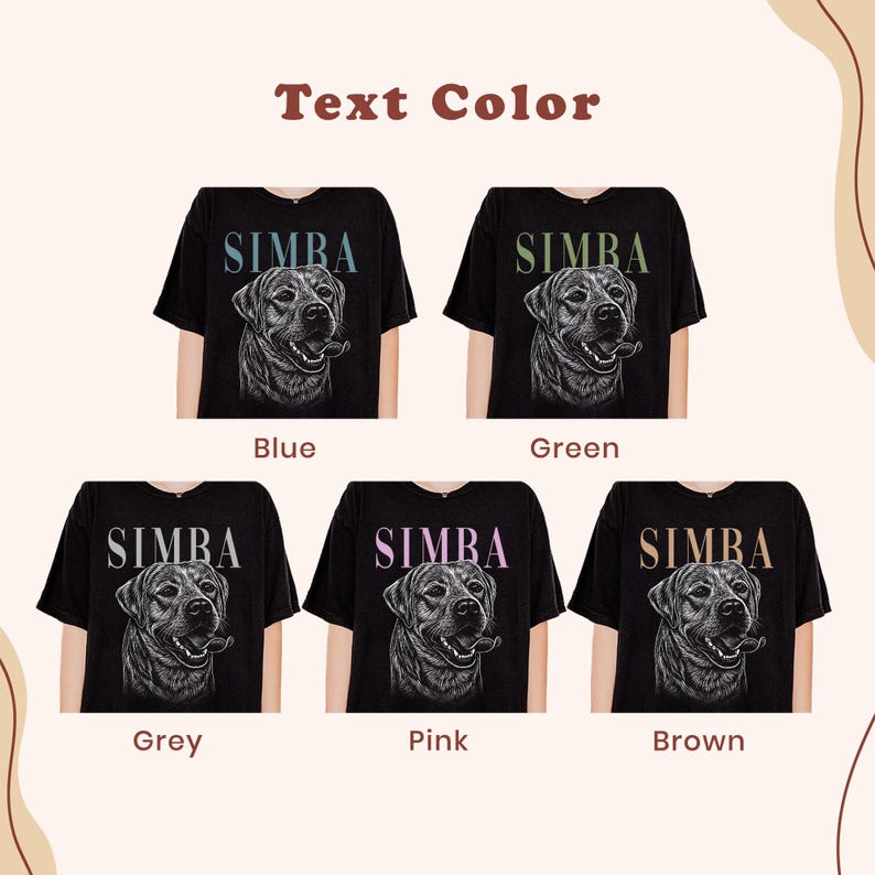 five t-shirts with the same design of a dog's face, each with a different color text color.