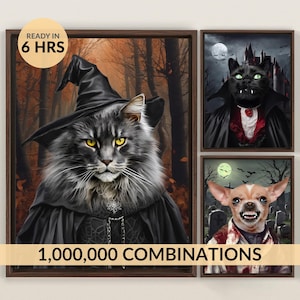 May include: Halloween-themed pet portraits in wooden frames. The portraits feature a cat in a witch costume, a black cat as a vampire, and a dog in a zombie costume. The text "READY IN 6 HRS" and "1,000,000 COMBINATIONS" are also visible.