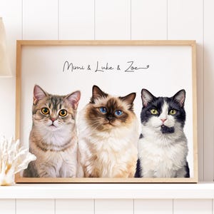 May include: A framed print featuring a digital illustration of three cats with the text Mimi & Luke & Zoe. The left cat is brown tabby, the center cat is a long-haired colorpoint with blue eyes, and the right cat is black and white.