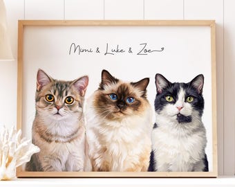 Personalized Pet Portrait, Custom Cat Portrait From Photo, Three Pet Portrait, Cat Painting, Pet Lover Gift, Animal Artwork