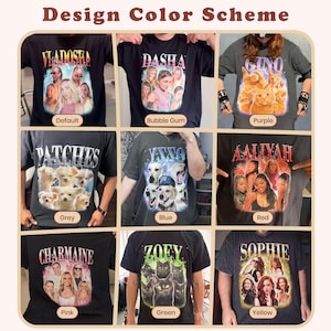 May include: A grid of nine black and grey t-shirts featuring various graphic prints with names like VLADOSHA, DASHA, GINO, PATCHES, YSSO, AALIYAH, CHARMAINE, ZOEY, and SOPHIE. Each shirt displays a unique color-themed design scheme including purple, red, and green.