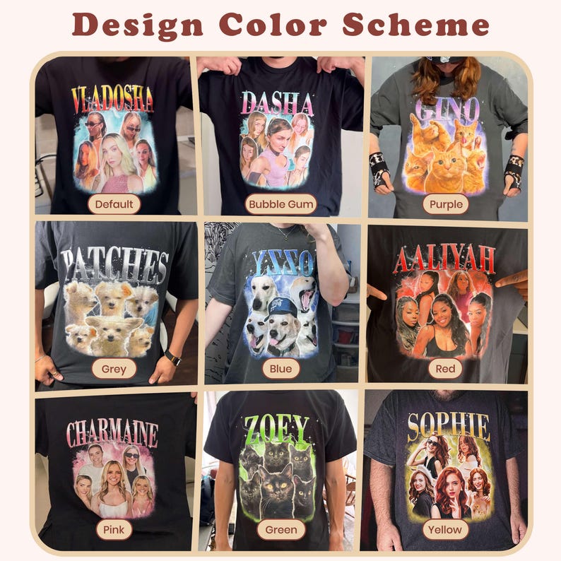 May include: A grid of nine black and grey t-shirts featuring various graphic prints with names like VLADOSHA, DASHA, GINO, PATCHES, YSSO, AALIYAH, CHARMAINE, ZOEY, and SOPHIE. Each shirt displays a unique color-themed design scheme including purple, red, and green.