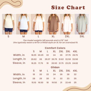 The image is a size chart that shows the model sizes for different styles of t-shirts. The chart includes the width, length, and sleeve measurements for each size, as well as the corresponding comfort color.