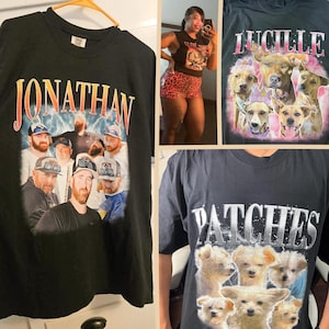May include: A black t-shirt featuring a collage of photos of a man wearing a baseball cap, with the name JONATHAN printed in large, bold, orange-to-yellow gradient lettering across the top of the graphic design.