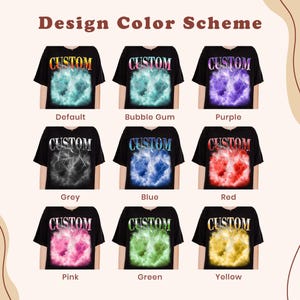 a collection of nine t-shirts, each with a unique design and color scheme. The t-shirts feature the word "CUSTOM" prominently on the front, with each color represented in a different design. The colors include pink, green, yellow, blue, purple, grey, black, and red. The t-shirts are arranged in a grid format, showcasing a variety of color combinations and designs.