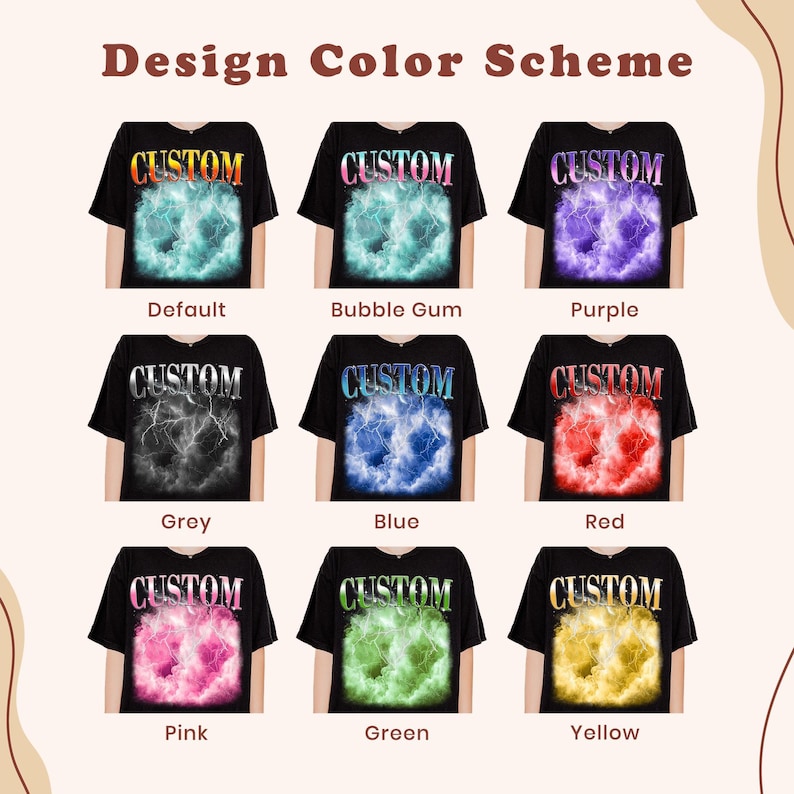 a collection of nine t-shirts, each with a unique design and color scheme. The t-shirts feature the word "CUSTOM" prominently on the front, with each color represented in a different design. The colors include pink, green, yellow, blue, purple, grey, black, and red. The t-shirts are arranged in a grid format, showcasing a variety of color combinations and designs.