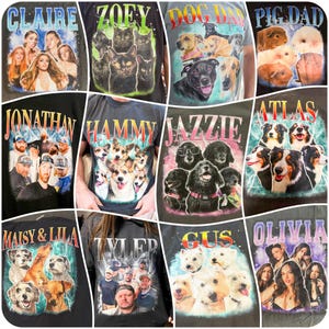 May include: A collection of black t-shirts featuring custom graphic prints with names in bold lettering above collages of pets or people, including dogs, cats, guinea pigs, and individuals, set against vibrant, colorful, and lightning-like backgrounds.