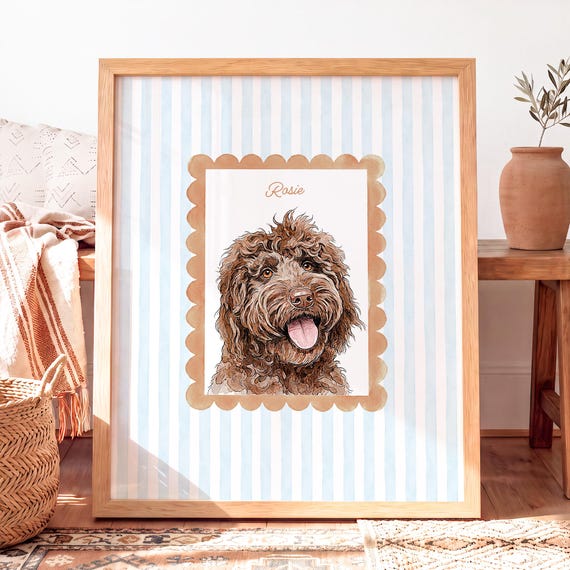 Custom Watercolor Dog Portrait from Photo, Preppy Pet Portrait, Personalized Dog Painting, Striped Pet Art, Dog Lover Gift, Custom Pet Decor