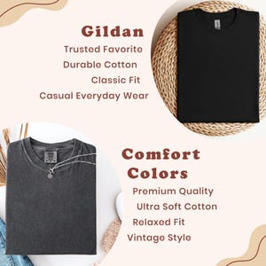 two t-shirts, one gray and one black, along with text describing their features.