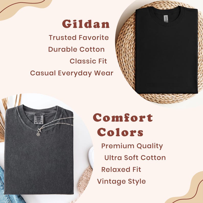 two t-shirts, one gray and one black, along with text describing their features.
