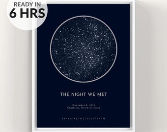 以下が含まれることがあります： ダークネイビーブルーの背景に円形の星図が描かれた縦型の額入りプリント。星の下には「THE NIGHT WE MET」、日付「November 8, 2015」、場所「Charlotte, North Carolina」、座標「39 95 42 N | 75 15 03 W」というテキストが記載されています。
