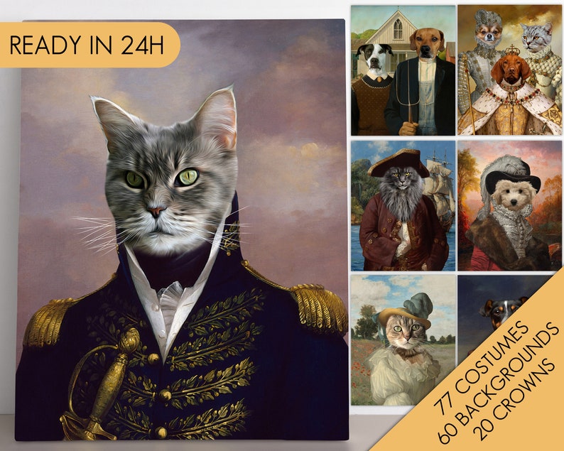 Pet Portrait, Custom Pet Portrait, Pet Portrait Custom, Dog Portrait, Cat Portrait, Regal Royal Animal Canvas Painting Personalize Art Gift 