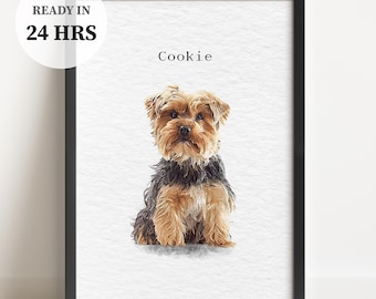 May include: A framed vertical print featuring a watercolor-style illustration of a Yorkshire Terrier dog with tan and black fur. The name Cookie is printed in black text above the dog. A circular badge in the top left corner reads READY IN 24 HRS.