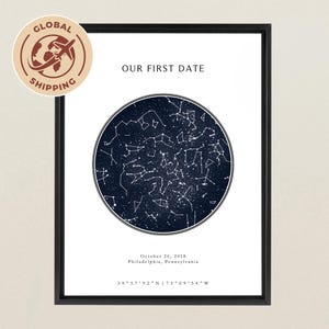 May include: A framed wall print featuring a circular dark blue star map of the night sky. The text reads OUR FIRST DATE, October 26, 2018, Philadelphia, Pennsylvania, and the coordinates 39 57 92 N | 75 09 54 W in black lettering.