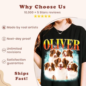 The image is a promotional advertisement for a t-shirt featuring a design of a group of dogs, with the name "Olivier" prominently displayed. The ad highlights the t-shirt as a product of real artists, with a guarantee of satisfaction and a guarantee of a 5-star review. It also mentions that the t-shirt is made of high-quality materials and ships fast.