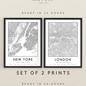 Set of 2 Prints, Custom Map, Any Location Map, Personalized Gift, Elegant Wall Art, Modern Minimalist, Framed Poster Print Set, Art, Mono