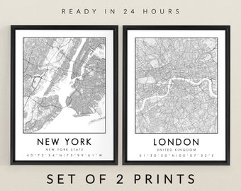 Set of 2 Prints, Custom Map, Any Location Map, Personalized Gift, Elegant Wall Art, Modern Minimalist, Framed Poster Print Set, Art, Mono