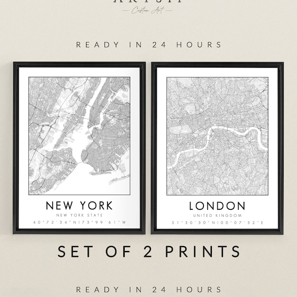 Set of 2 Prints, Custom Map, Any Location Map, Personalized Gift, Elegant Wall Art, Modern Minimalist, Framed Poster Print Set, Art, Mono