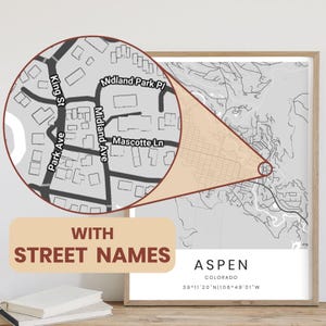 May include: A framed map print of Aspen, Colorado, featuring a light gray background with black street lines and a circular inset magnifying a specific area. The inset displays street names including King St, Park Ave, and Mascotte Ln.