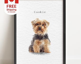 May include: A framed watercolor print of a Yorkshire Terrier dog, with brown and black fur, sitting upright. The dog's name, "Cookie," is printed above the image. The print is in a black frame.