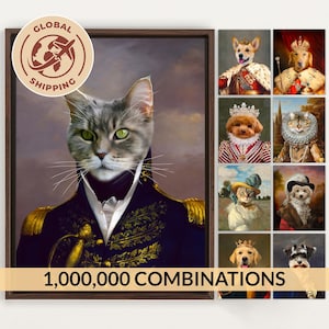 May include: A framed digital portrait of a grey tabby cat dressed in a dark blue military uniform with gold embroidery and epaulets. The image includes a collage of eight additional pet portraits in historical attire and the text 1,000,000 COMBINATIONS.