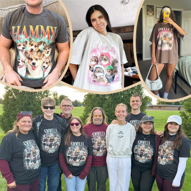 May include: A collage of t-shirts featuring graphic prints of dogs and cats, along with a group of people wearing matching black t-shirts with the text "EMMILIA 2021" and a photo collage print, and one person in a grey sweatshirt.
