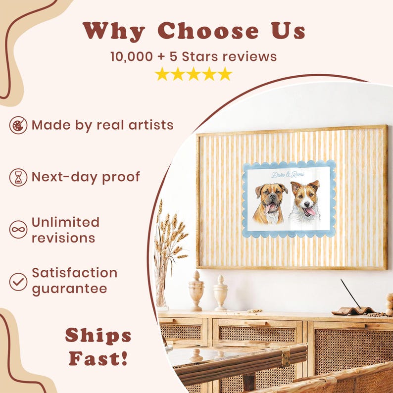 以下が含まれることがあります： ボクサー犬とコリーのミックス犬の水彩画イラストが描かれた長方形のウォールアートプリント。上部には「Duke & Remi」の文字があり、水色のスカラップ模様の縁取りが施され、木製のフレームに入れられて壁に飾られています。