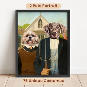 May include: A framed portrait featuring two dogs with human-like bodies in a rural setting. One dog has long light fur, the other has short brown fur. The dog on the right holds a pitchfork. The text 2 Pets Portrait and 75 Unique Costumes is visible.