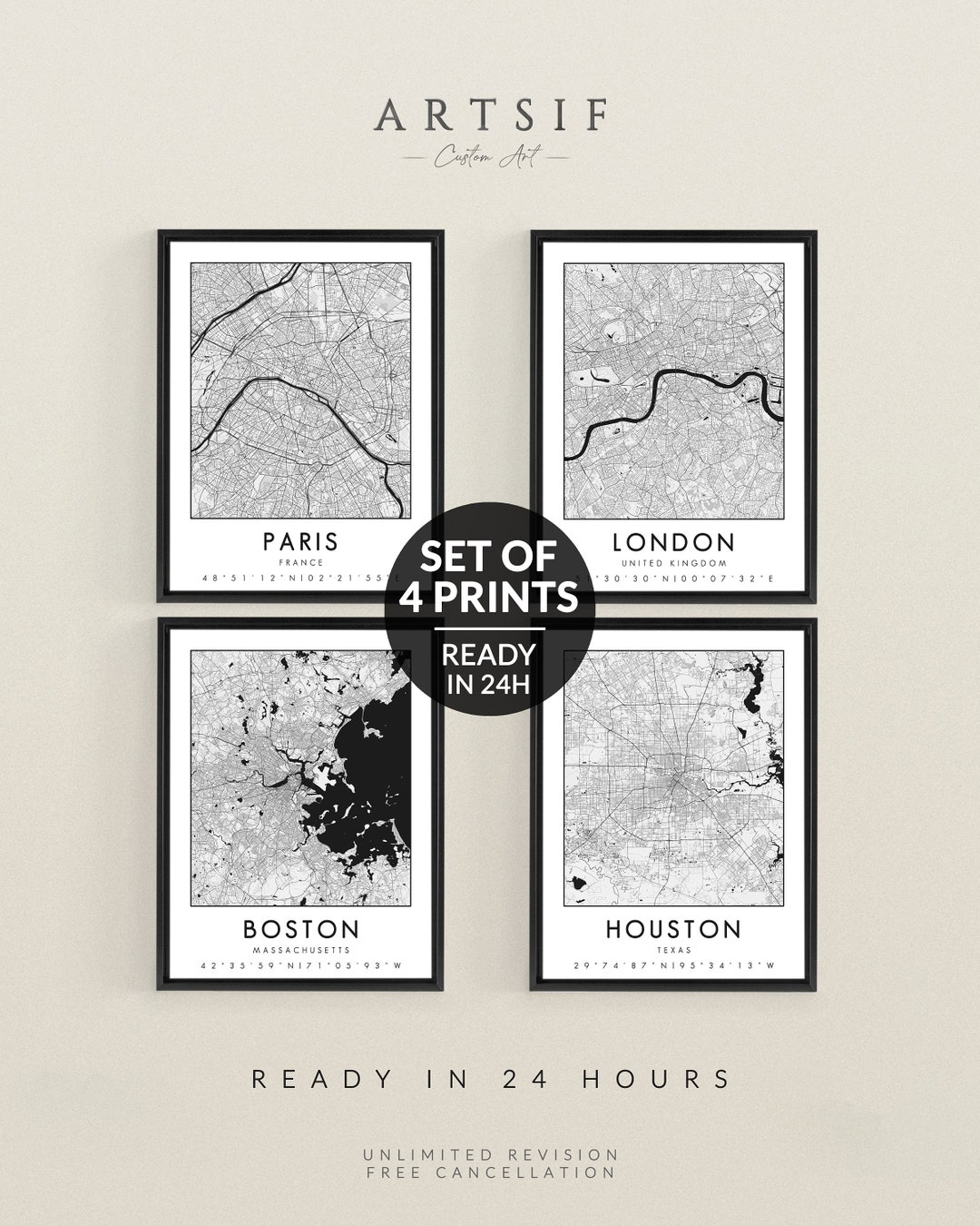 Set of 4 Prints, Custom City Map, Any Location Map, Hometown Map, Black  White, Custom Gift, Gallery Wall Set, Travel Gift Wall, Aomap B\u0026W - Etsy, image size:1080x1350