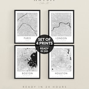 Set of 4 Prints, Custom City Map, Any Location Map, Hometown Map, Black and White Art, Custom Gift, Gallery Wall Set, Travel Gift Wall B&W