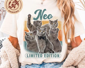 Personalized Cat Photo Shirt, Custom Cat Mom T-Shirt, Vintage Style Pet Portrait Tee, Pet Lover Tshirt, Global Shipping