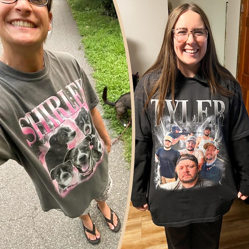 May include: A charcoal gray t-shirt featuring the name Shirley in pink letters above a collage of four dog faces, and a black long-sleeve shirt featuring the name Tyler in white letters above a collage of five men in various poses.