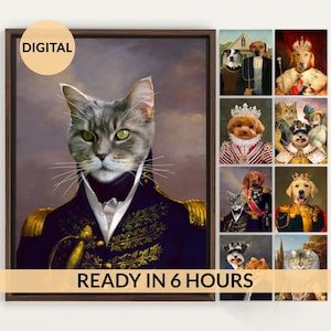 Puede incluir: Retrato digital de un gato gris con uniforme militar azul marino y detalles dorados. La imagen incluye el texto "DIGITAL" y "READY IN 6 HOURS". Se muestran retratos adicionales de mascotas con vestimenta regia.