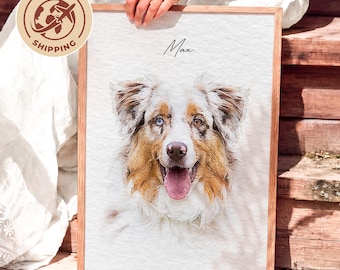 May include: A framed portrait of an Australian Shepherd dog with one blue eye and one brown eye, featuring the name Max printed in black script above the dog's head. The artwork has a textured white background and a light wood frame.